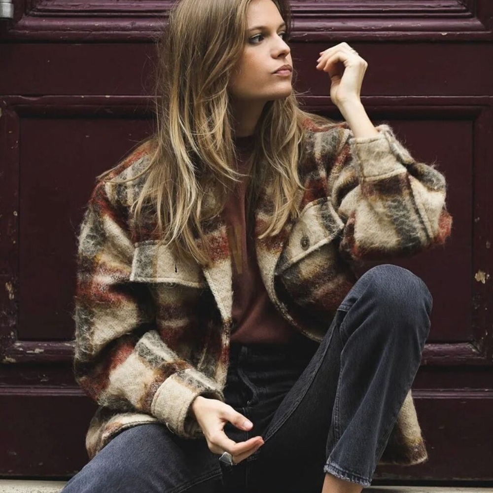 Anine Bing Flynn Plaid Oatmeal Wool Alpaca Checkered Oversized Jacket EUC Sz Sm